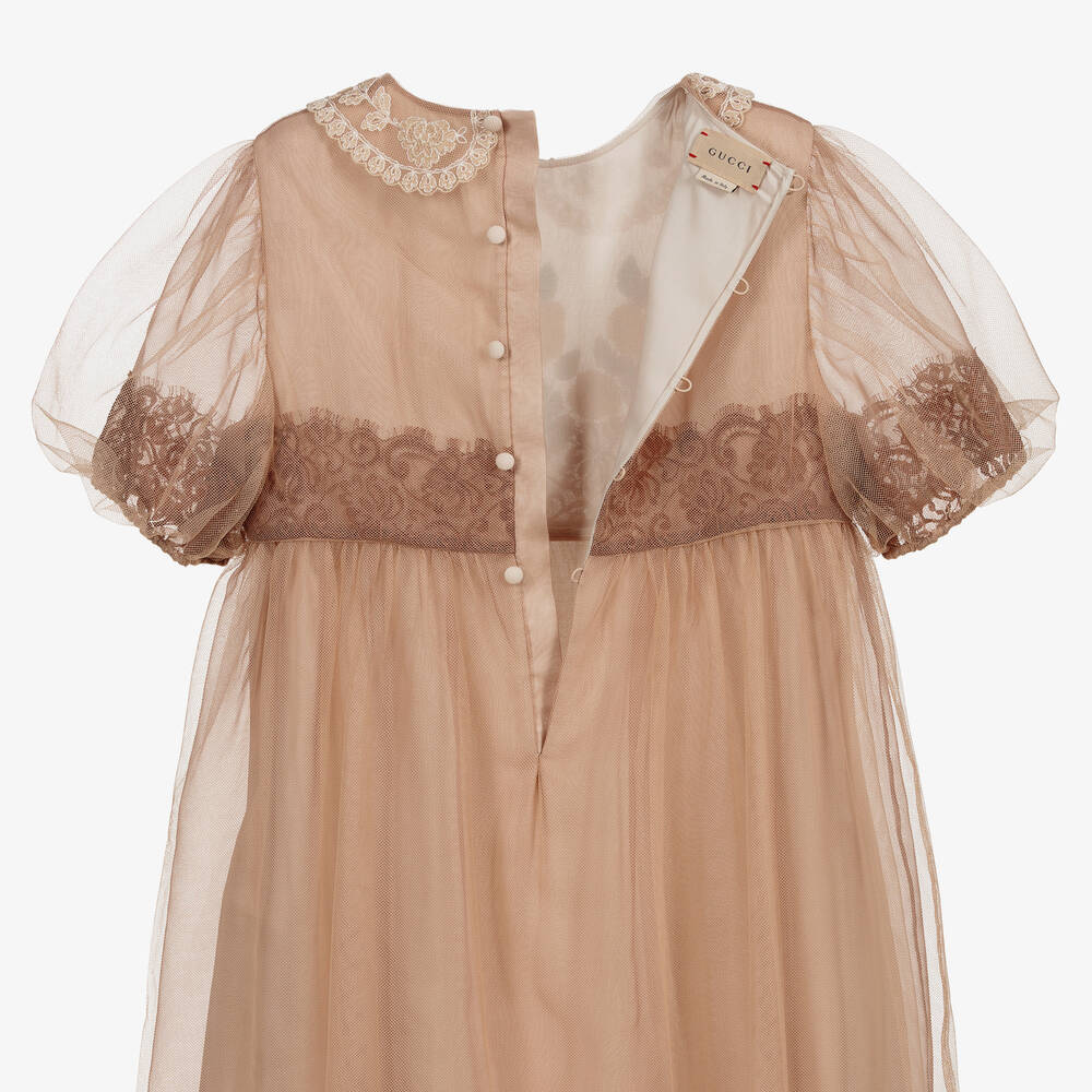 Gucci-فستانن حرير أورغانزا و تول لون بيج | Childrensalon
