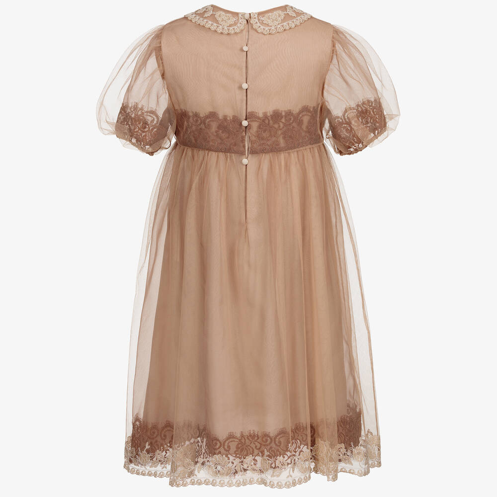 Gucci-فستانن حرير أورغانزا و تول لون بيج | Childrensalon