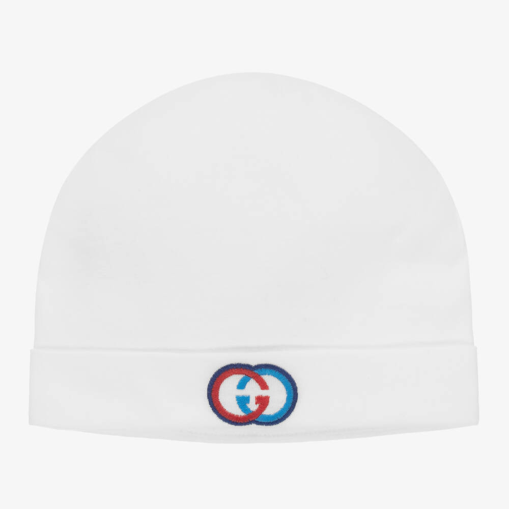Gucci-White Cotton Baby Hat With Interlocking G Logo | Childrensalon