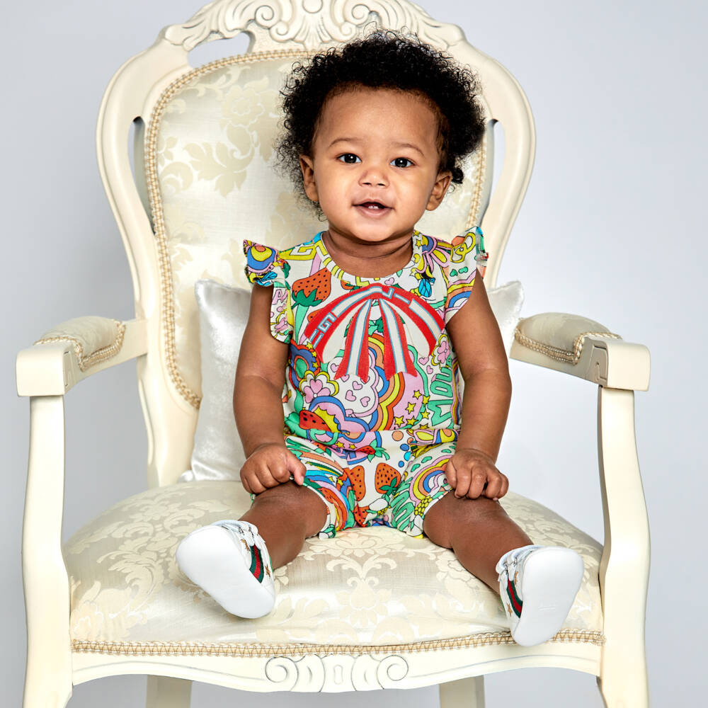 Gucci-White & Green Leather Baby Trainers | Childrensalon