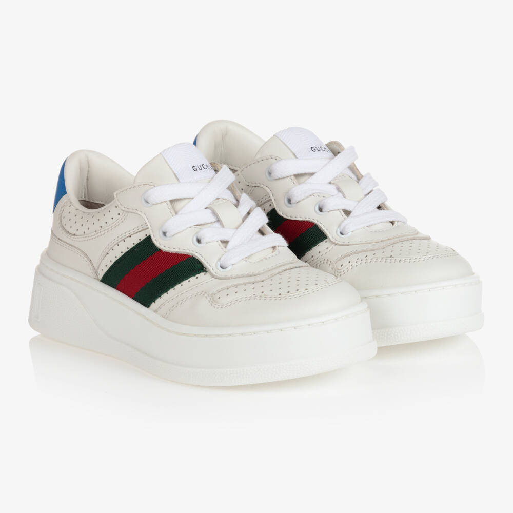 Gucci-White Leather & Interlocking G Logo Trainers | Childrensalon