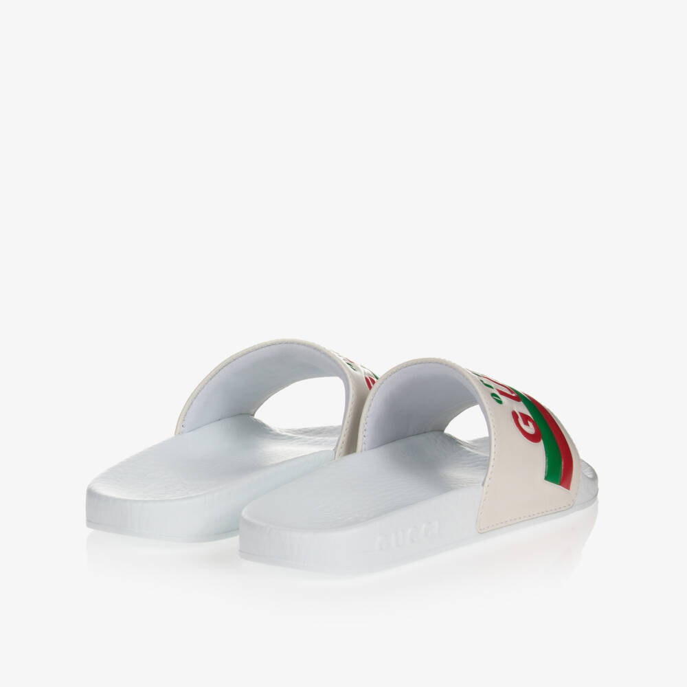 Gucci-شبشب سلايدرز جلد لون أبيض، أخضر وأحمر | Childrensalon