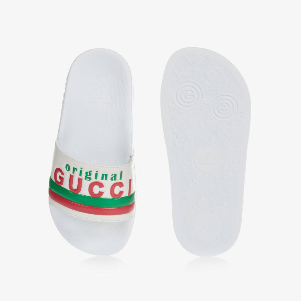Gucci-شبشب سلايدرز جلد لون أبيض، أخضر وأحمر | Childrensalon