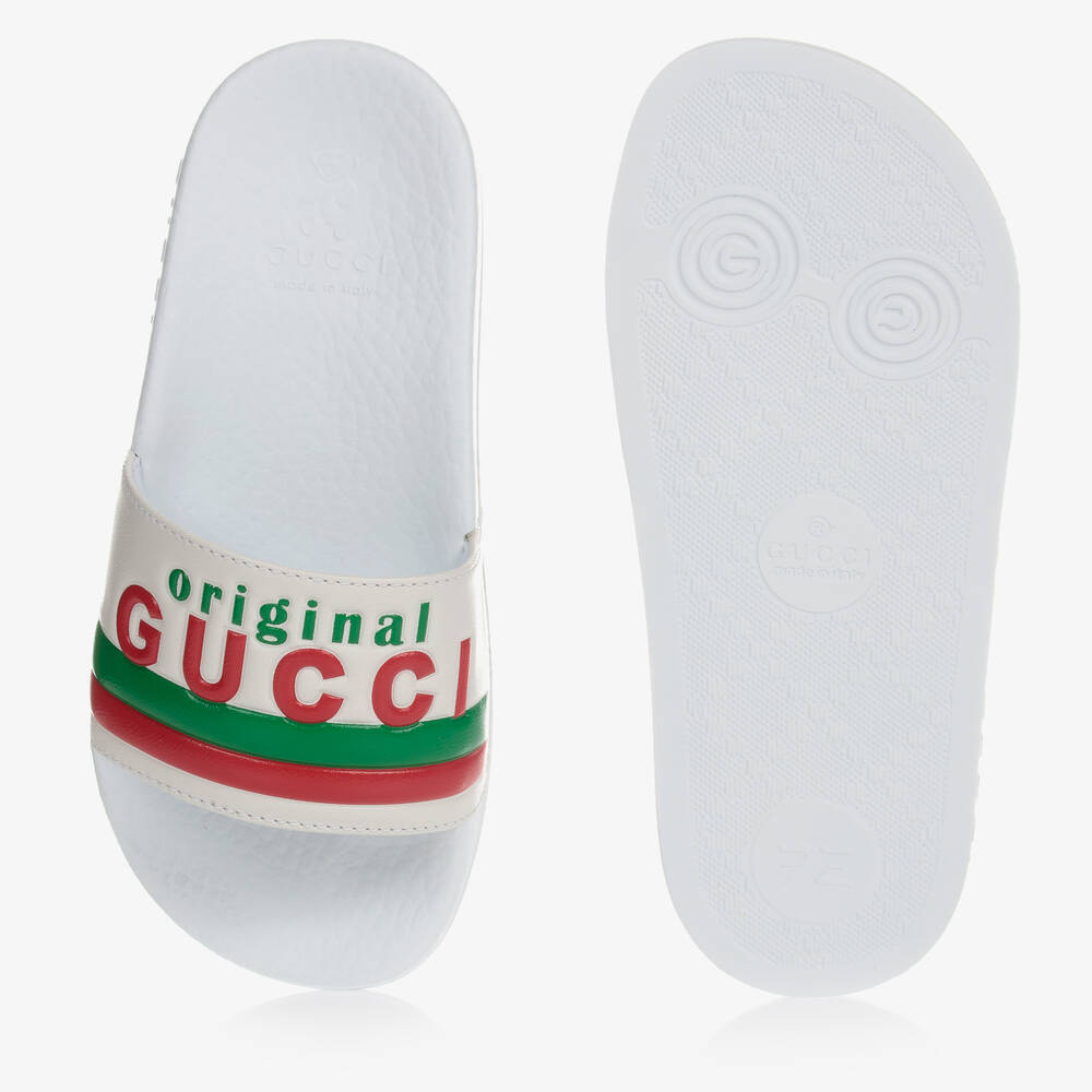 Gucci-Белые кожаные шлепанцы с логотипом | Childrensalon