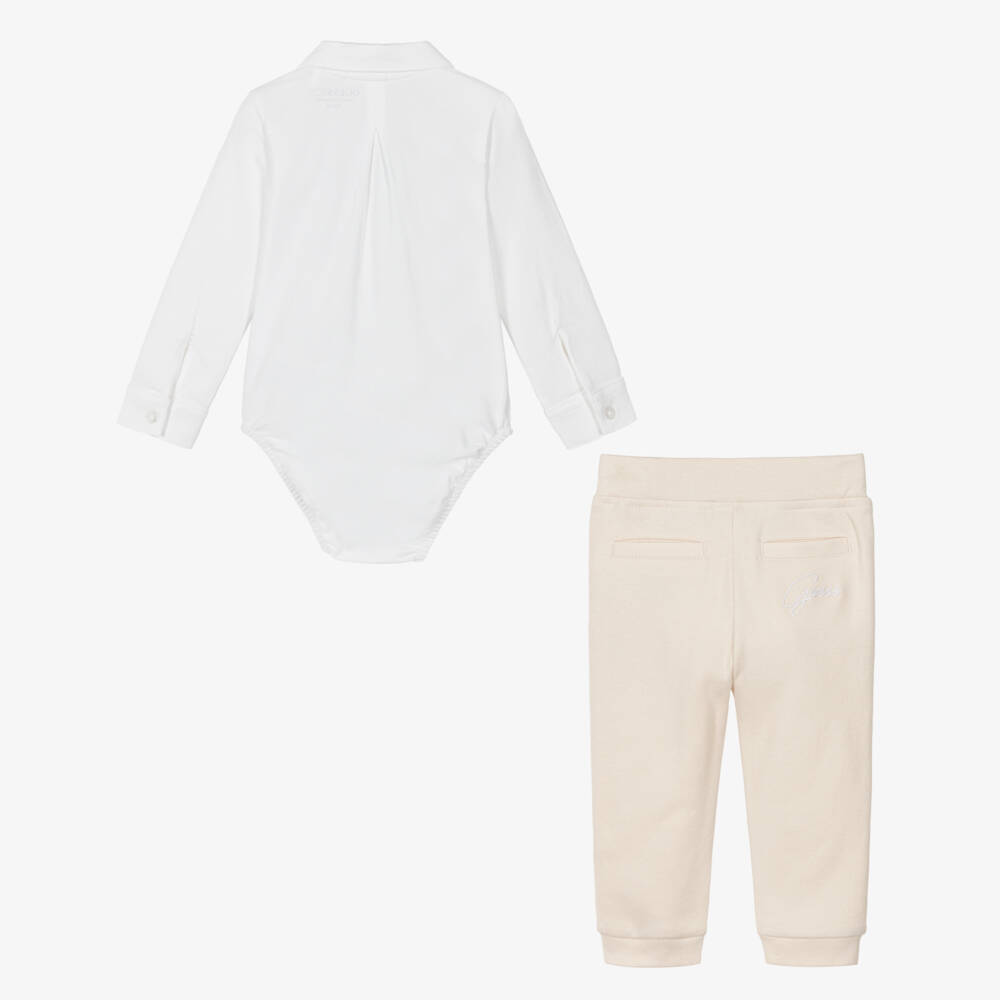 Guess-Baby Boys Beige Cotton Jersey Bow Tie Trouser Set | Childrensalon