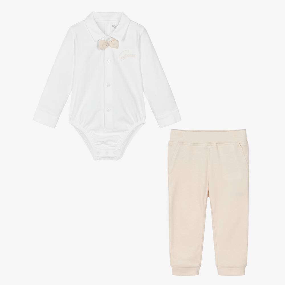 Guess-Baby Boys Beige Cotton Jersey Bow Tie Trouser Set | Childrensalon