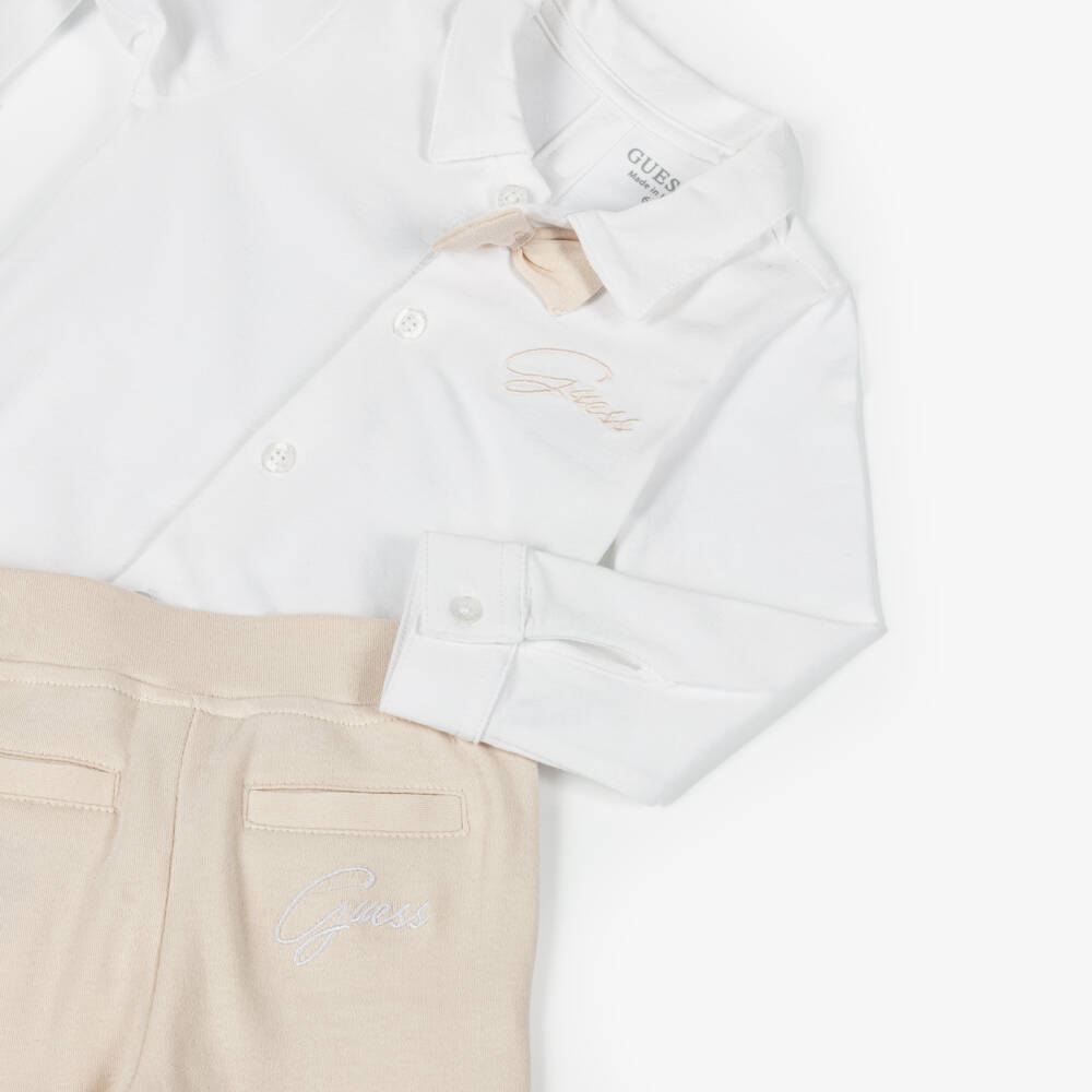 Guess-Baby Boys Beige Cotton Jersey Bow Tie Trouser Set | Childrensalon