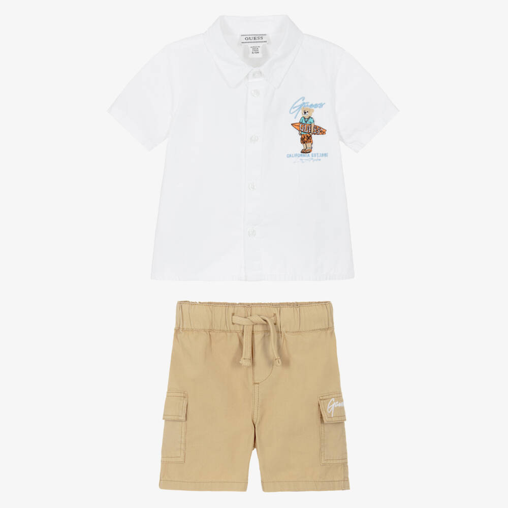 Guess-Baby Boys Beige Cotton Shorts Set with Surfing Bear Logo | Childrensalon