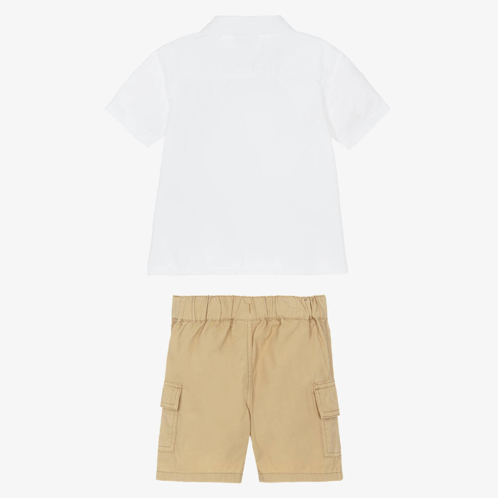 Guess-Baby Boys Beige Cotton Shorts Set with Surfing Bear Logo | Childrensalon