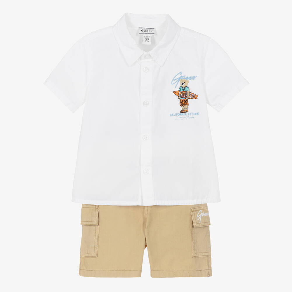 Guess-Baby Boys Beige Cotton Shorts Set with Surfing Bear Logo | Childrensalon