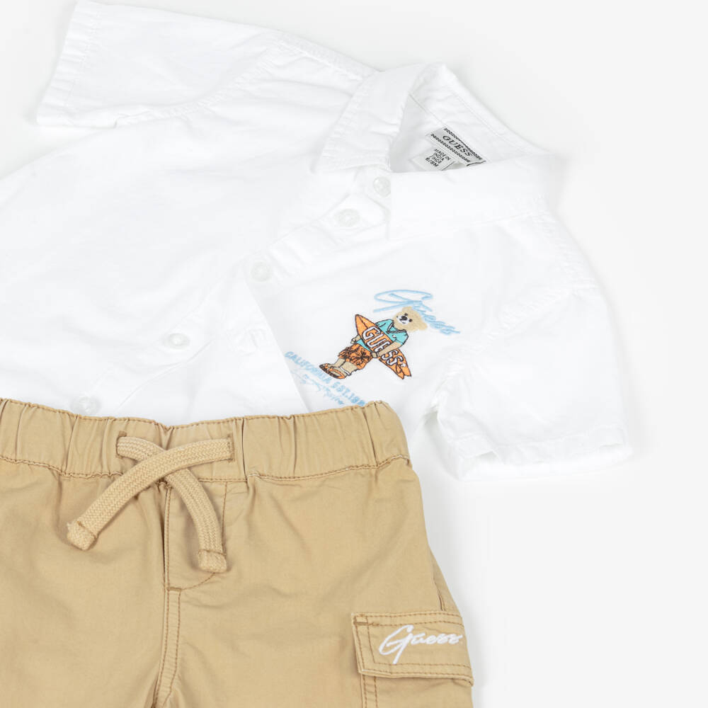 Guess-Baby Boys Beige Cotton Shorts Set with Surfing Bear Logo | Childrensalon