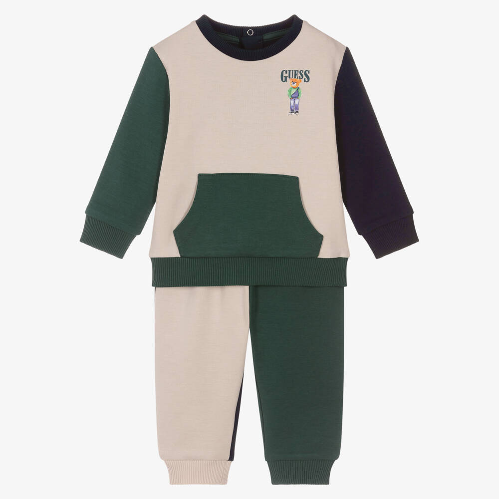 Guess-Baby Boys Beige & Green Colourblock Tracksuit | Childrensalon