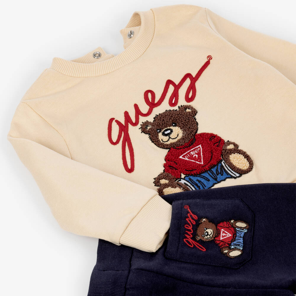 Guess-Baby Boys Beige & Navy Blue Trouser Set with Teddy Motif | Childrensalon