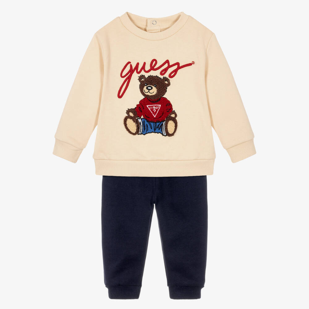 Guess-Baby Boys Beige & Navy Blue Trouser Set with Teddy Motif | Childrensalon