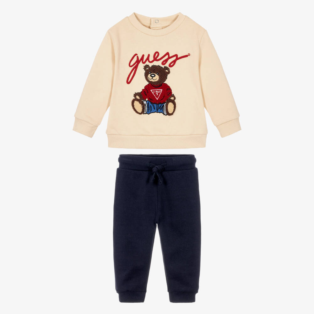 Guess-Baby Boys Beige & Navy Blue Trouser Set with Teddy Motif | Childrensalon