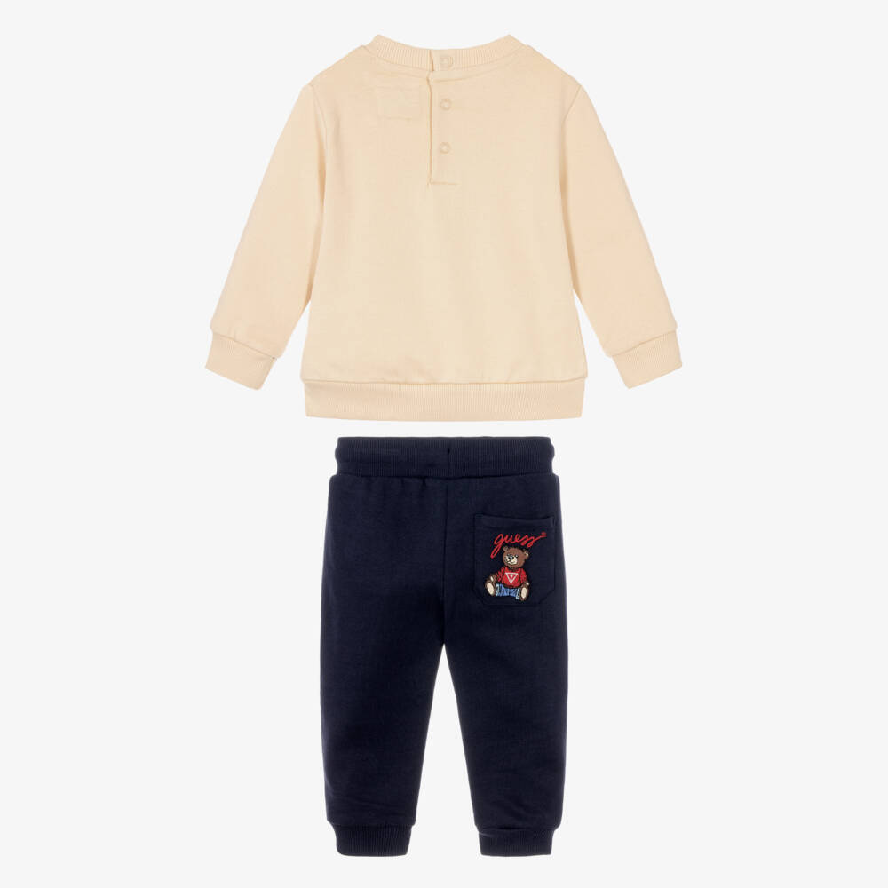 Guess-Baby Boys Beige & Navy Blue Trouser Set with Teddy Motif | Childrensalon