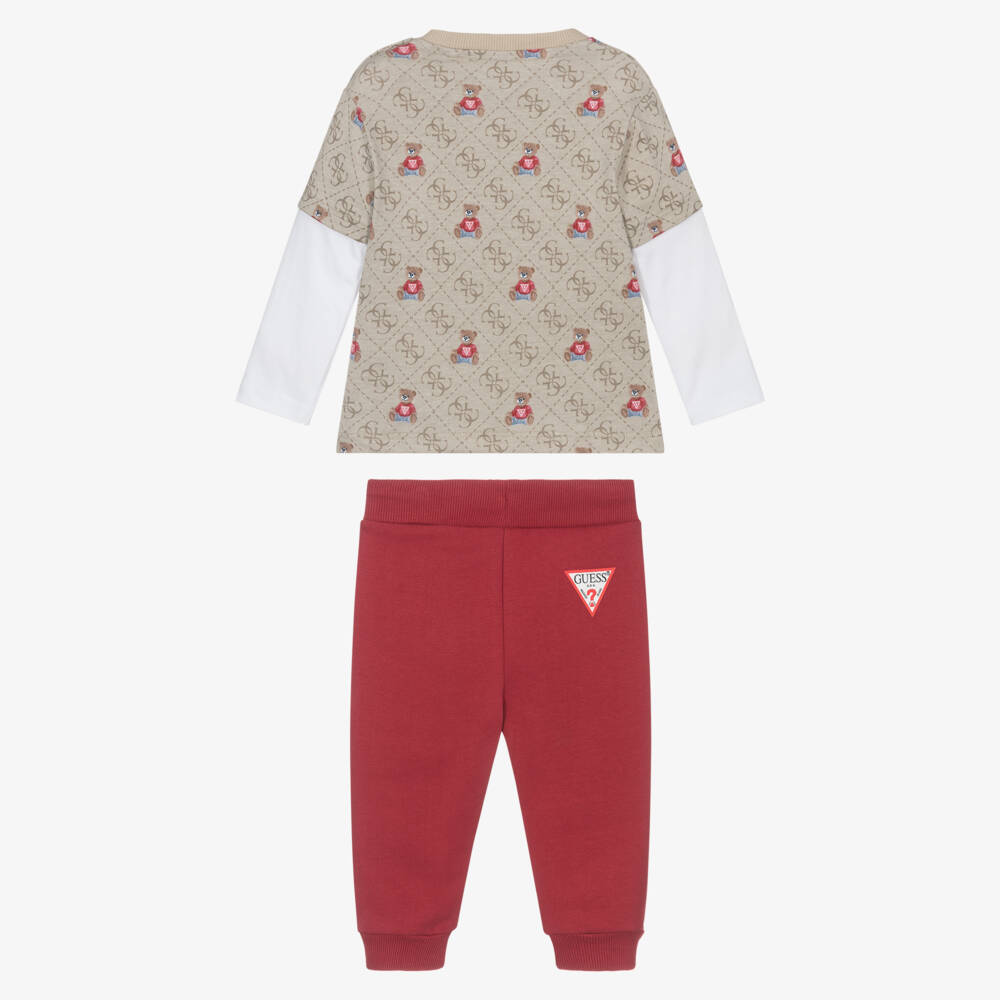Guess-Baby Boys Beige & Red Cotton Joggers Set | Childrensalon