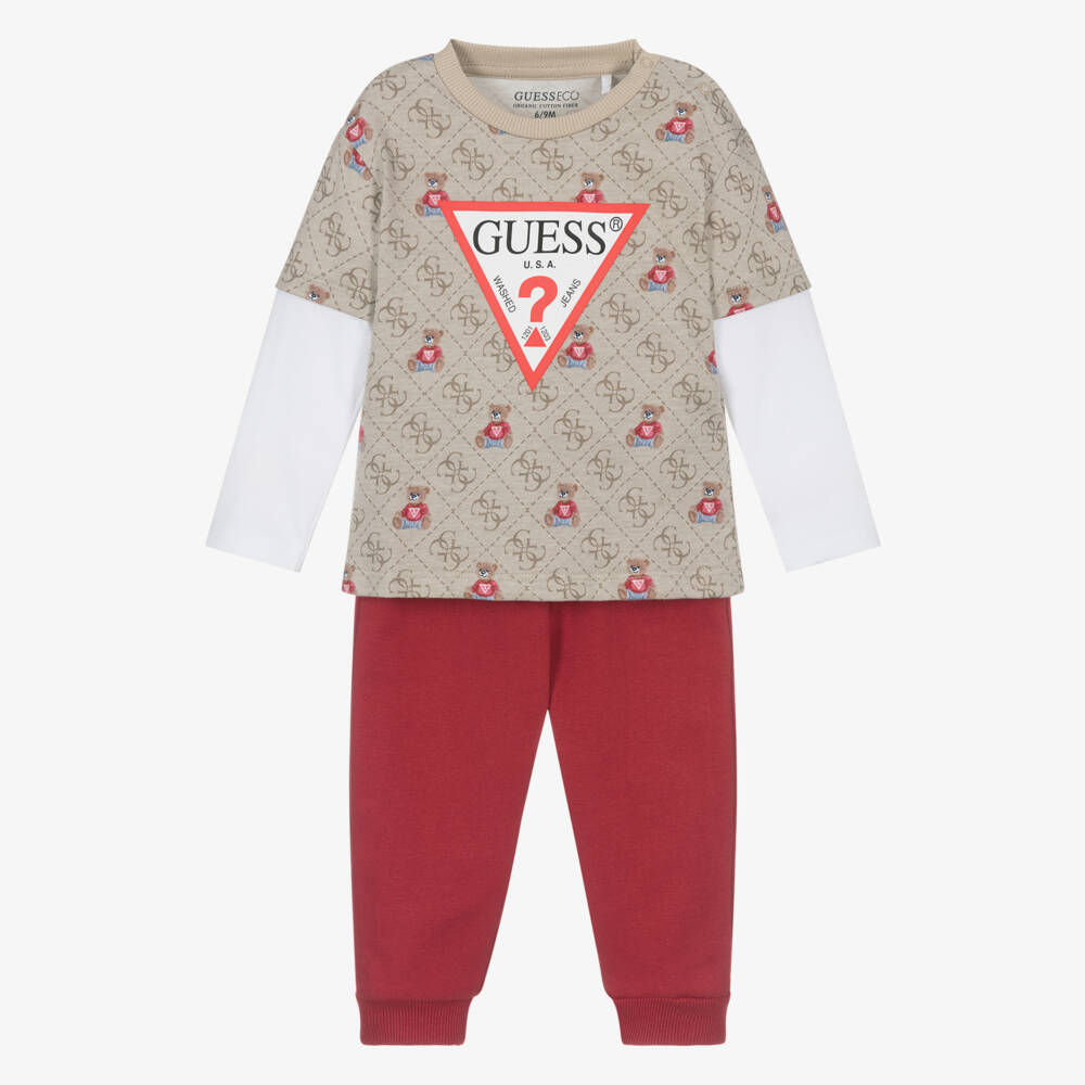 Guess-Baby Boys Beige & Red Cotton Joggers Set | Childrensalon