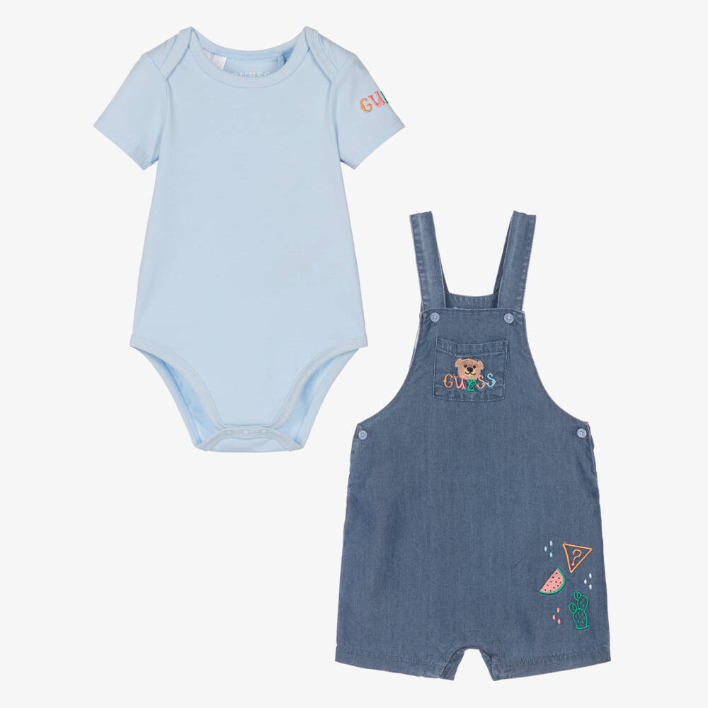 Guess-Baby Boys Blue Chambray Dungaree Shorts Set | Childrensalon