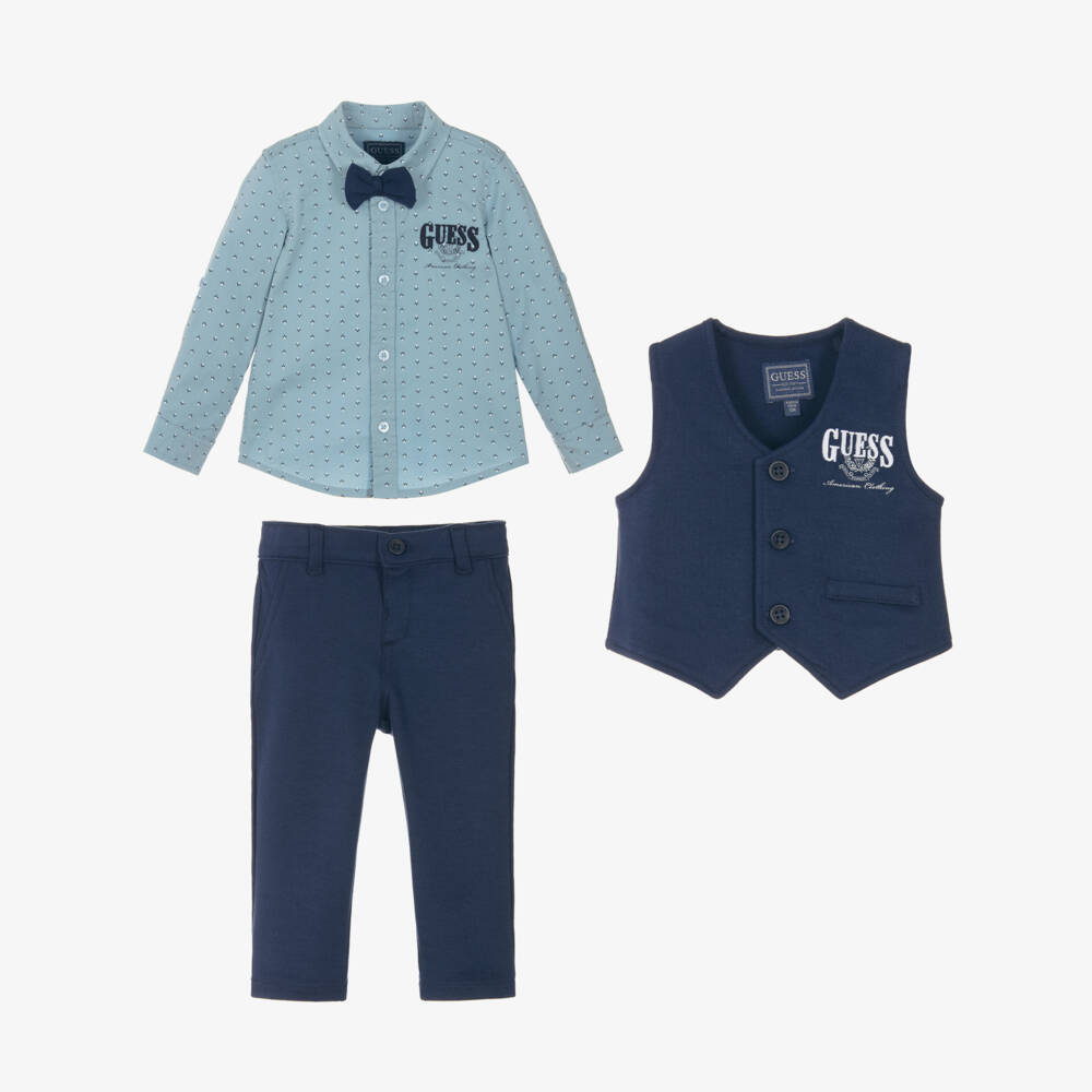 Guess-Baby Boys Blue Cotton Jersey Waistcoat Suit | Childrensalon