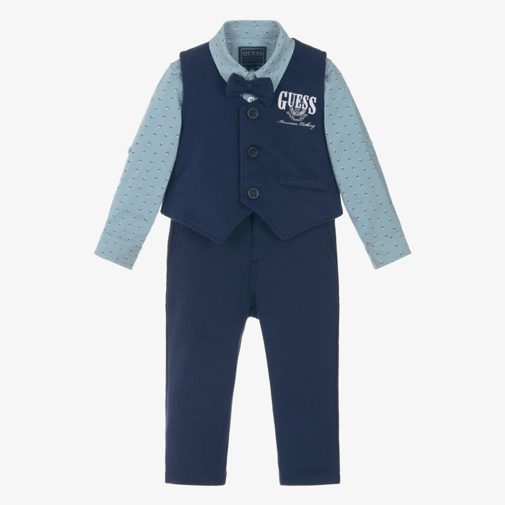 Guess-Baby Boys Blue Cotton Jersey Waistcoat Suit | Childrensalon