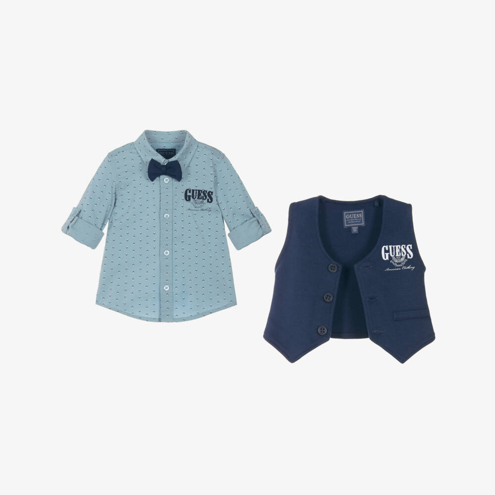 Guess-Baby Boys Blue Cotton Jersey Waistcoat Suit | Childrensalon