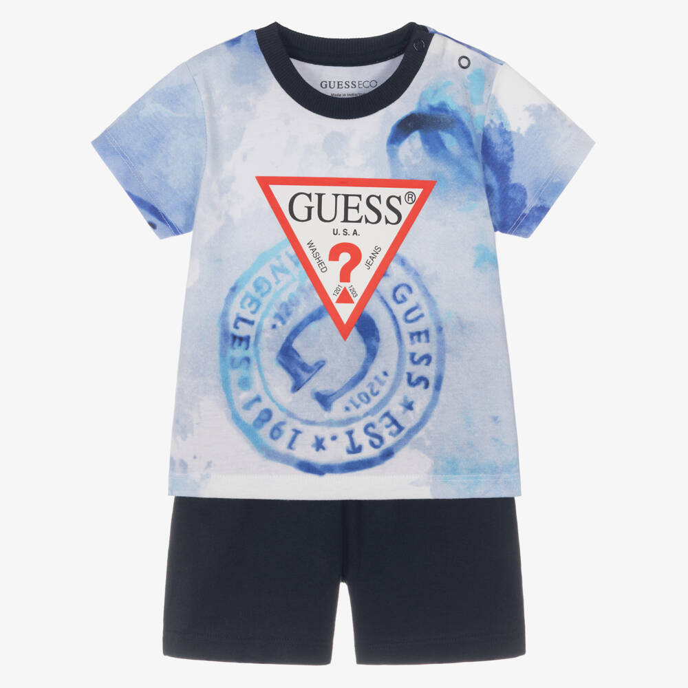 Guess-Baby Boys Blue Cotton Logo Stamp Shorts Set | Childrensalon