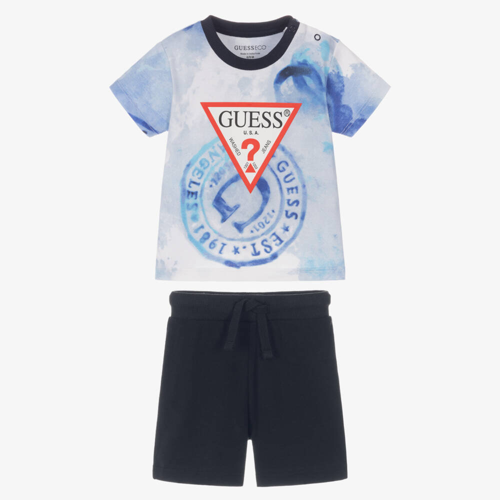 Guess-Baby Boys Blue Cotton Logo Stamp Shorts Set | Childrensalon