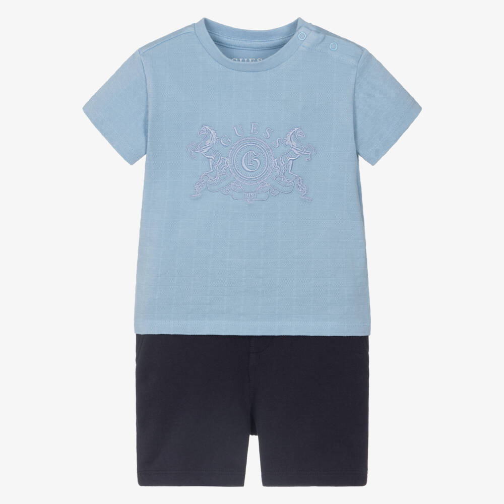 Guess-Baby Boys Blue Cotton Shorts Set with Crest Logo Embroidery | Childrensalon