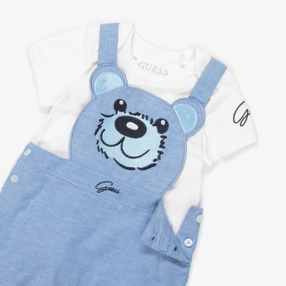 Guess-Baby Boys Blue Cotton Teddy Bear Dungaree Set | Childrensalon