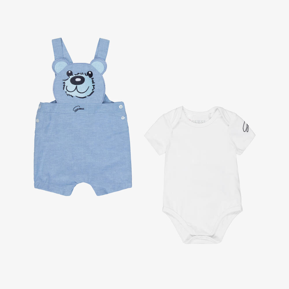 Guess-Baby Boys Blue Cotton Teddy Bear Dungaree Set | Childrensalon
