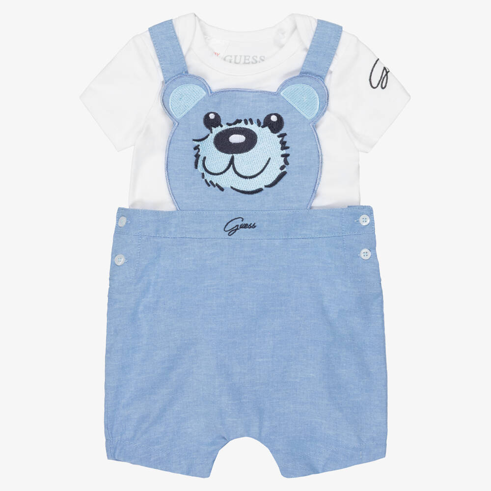 Guess-Baby Boys Blue Cotton Teddy Bear Dungaree Set | Childrensalon