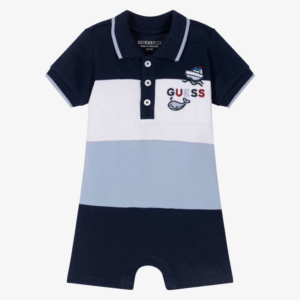Guess-Baby Boys Blue Panel Cotton Pique Polo Shortie | Childrensalon