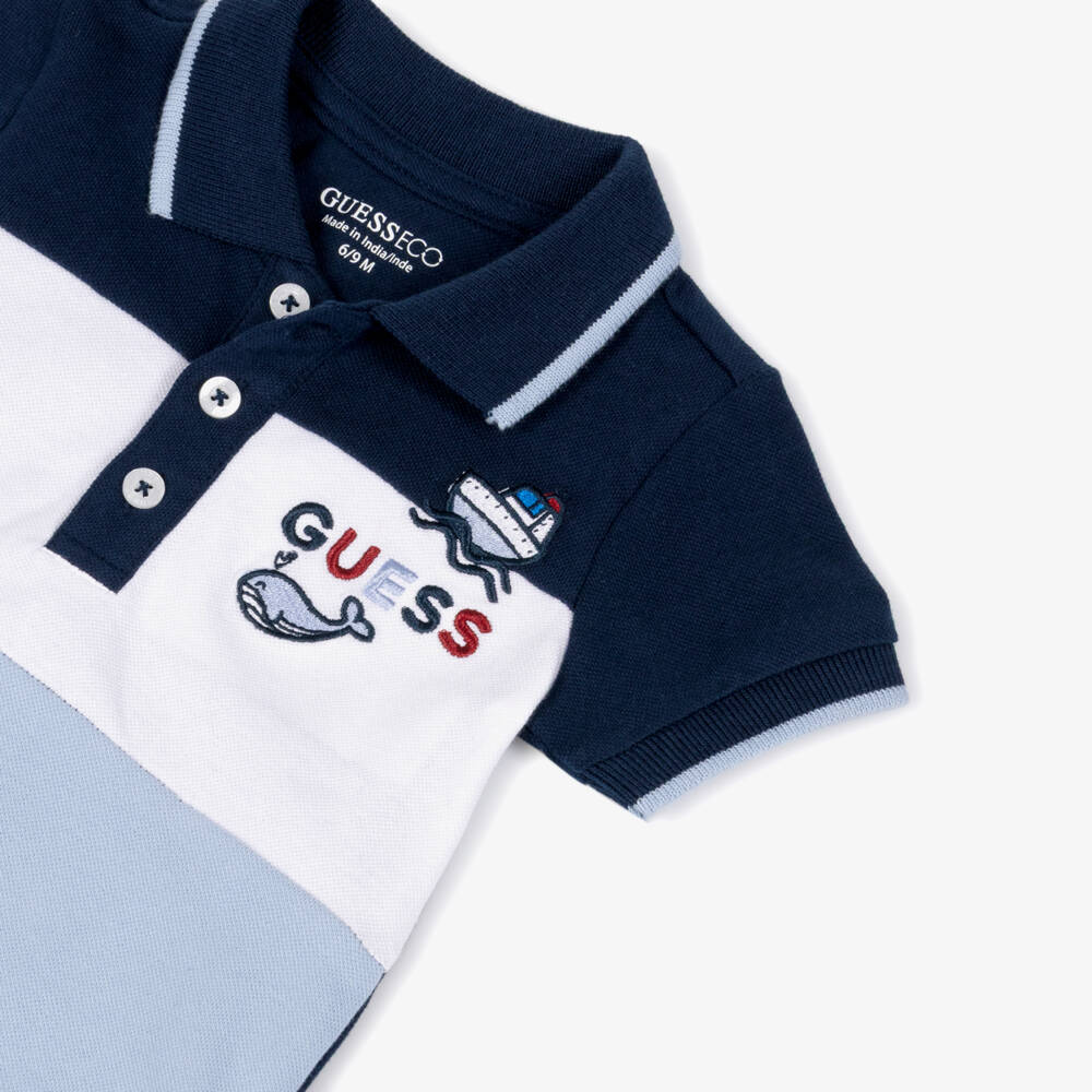 Guess-Baby Boys Blue Panel Cotton Pique Polo Shortie | Childrensalon