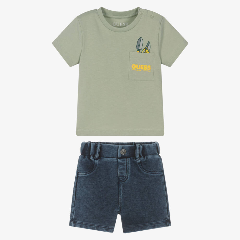 Guess-طقم شورت قطن لون أخضر وأزرق للأولاد الرضع | Childrensalon