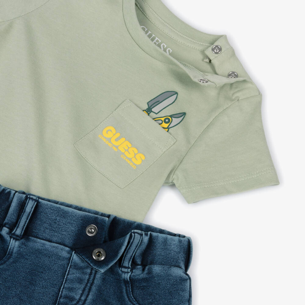 Guess-طقم شورت قطن لون أخضر وأزرق للأولاد الرضع | Childrensalon