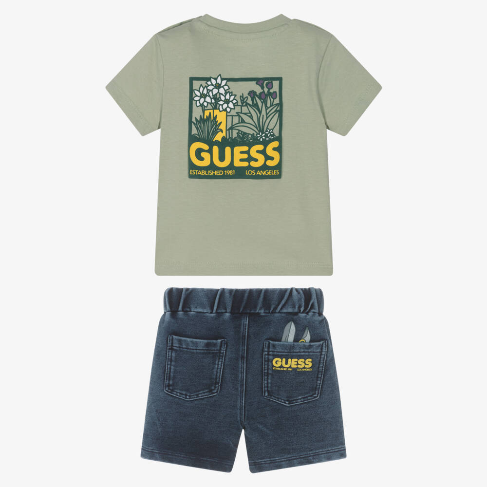 Guess-طقم شورت قطن لون أخضر وأزرق للأولاد الرضع | Childrensalon