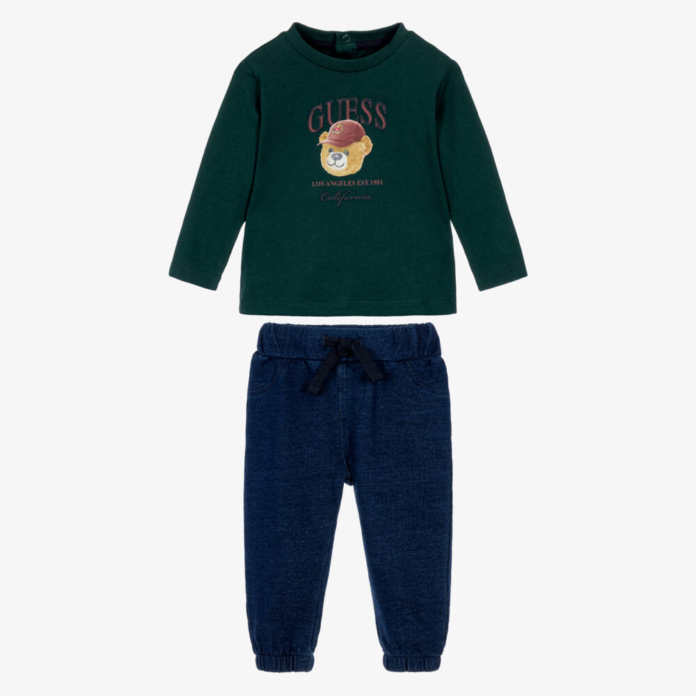 Guess-Baby Boys Green & Blue Cotton Trouser Set | Childrensalon