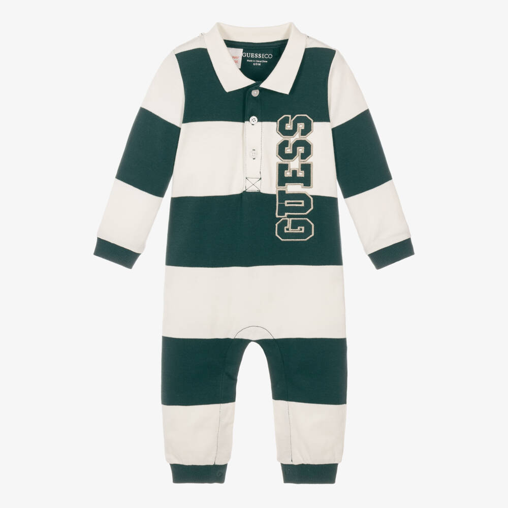 Guess-Baby Boys Green Striped Polo-Style Romper | Childrensalon
