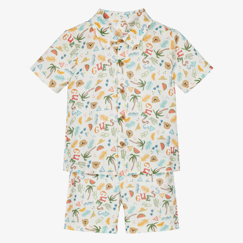 Guess-Baby Boys Ivory Cotton & Linen Summer Logo Shorts Set | Childrensalon