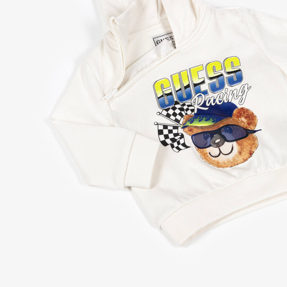 Guess-Baby Boys Ivory Cotton Racing Bear Hooded Tracksuit | Childrensalon