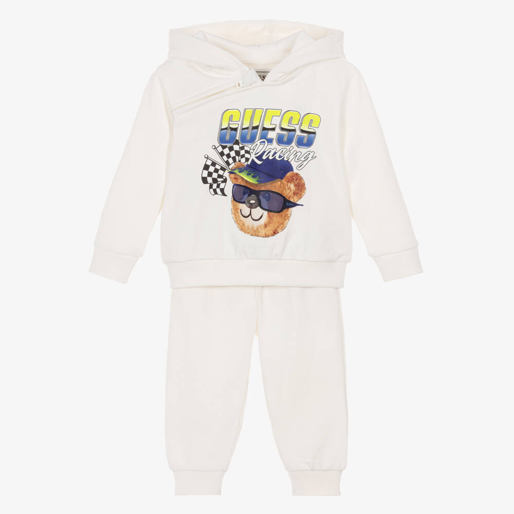 Guess-Baby Boys Ivory Cotton Racing Bear Hooded Tracksuit | Childrensalon