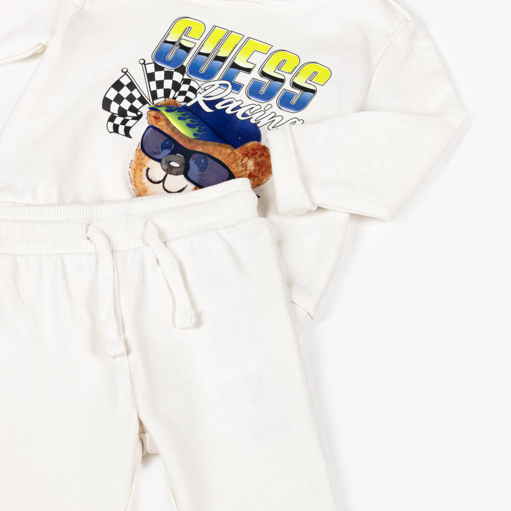 Guess-Baby Boys Ivory Cotton Racing Bear Hooded Tracksuit | Childrensalon