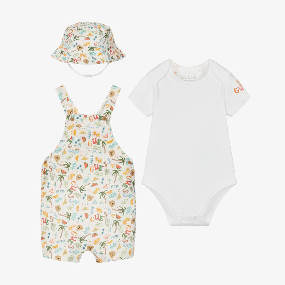 Guess-Baby Boys Ivory Linen Blend Dungaree Shorts Set | Childrensalon