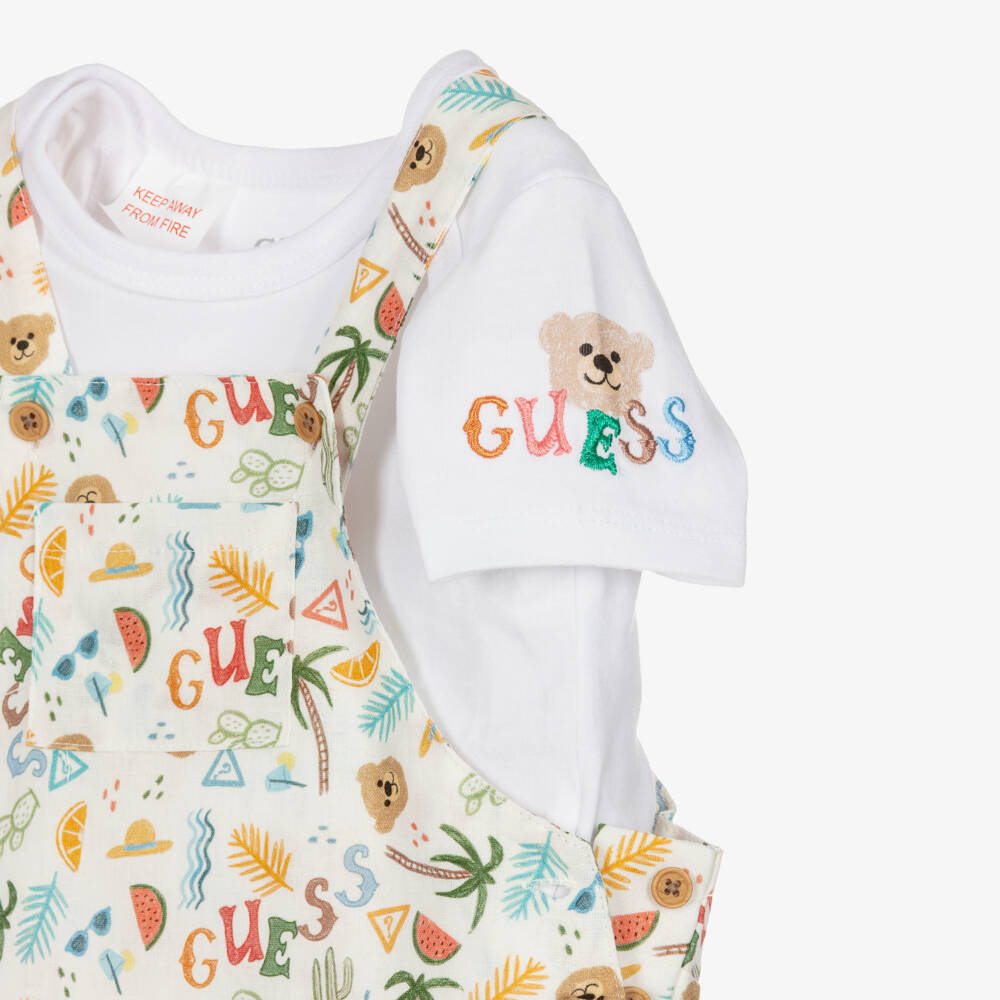 Guess-Baby Boys Ivory Linen Blend Dungaree Shorts Set | Childrensalon
