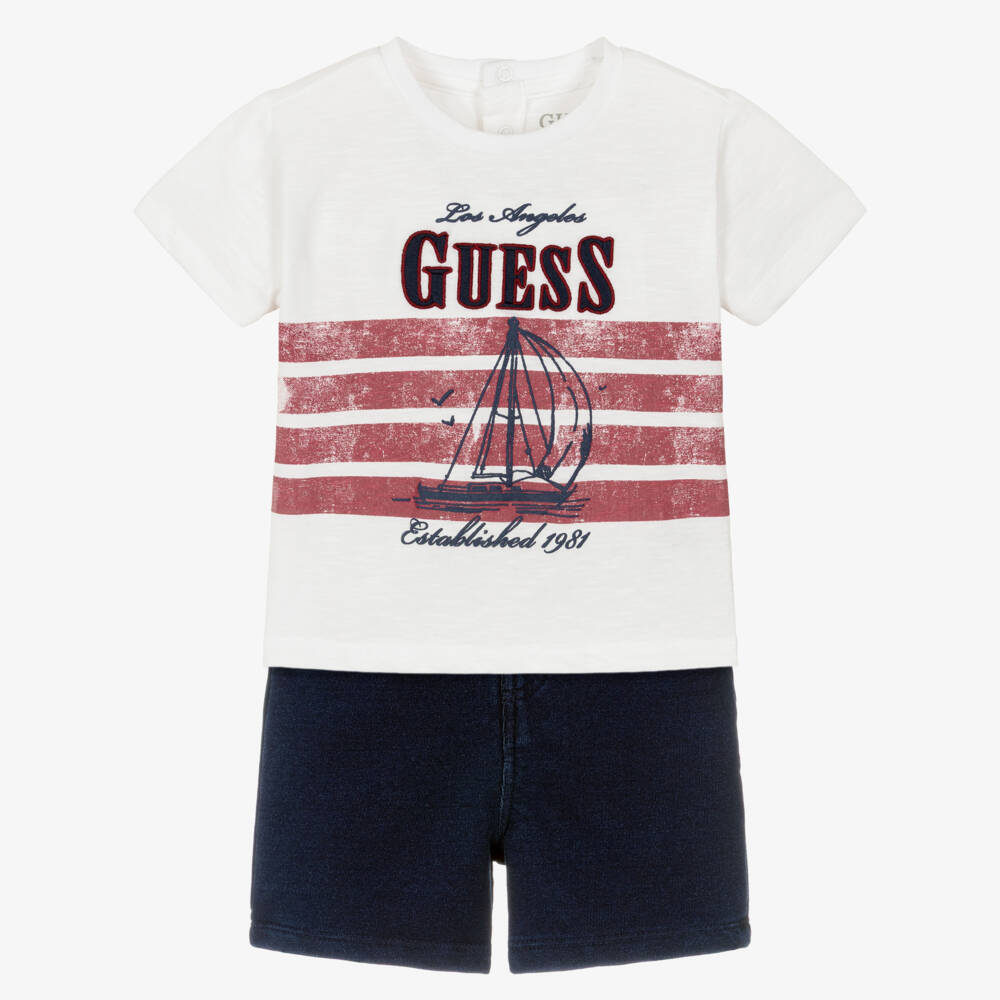 Guess-Baby Boys Navy Blue Cotton Shorts Set with Nautical Print | Childrensalon