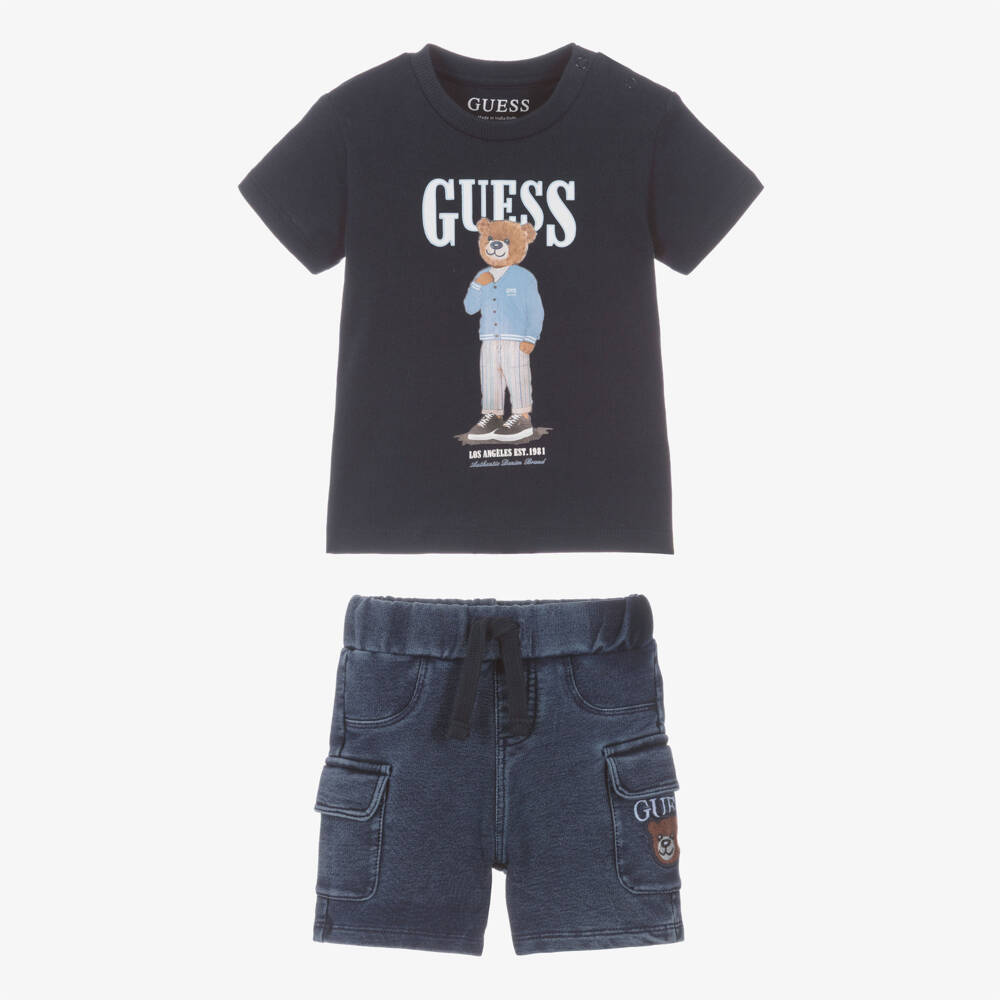 Guess-Baby Boys Navy Blue Guess Bear Shorts Set | Childrensalon