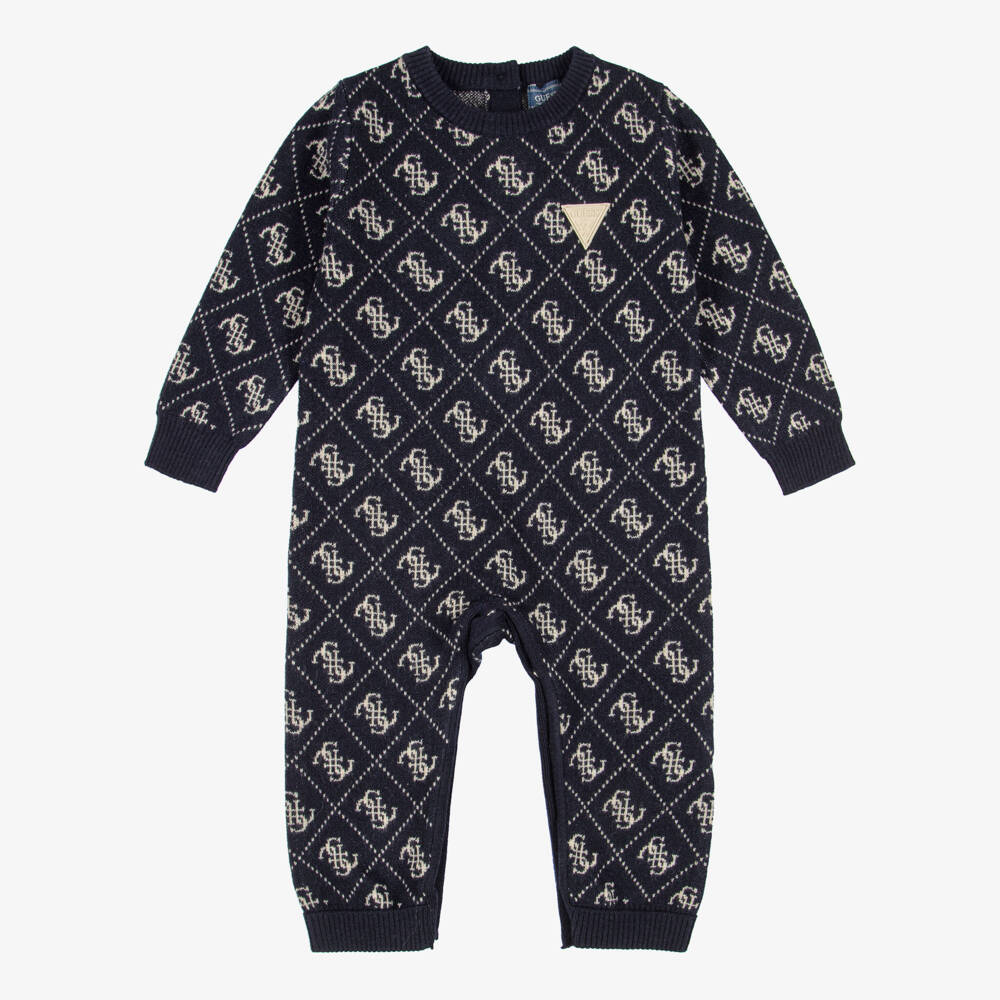 Guess-Baby Boys Navy Blue Logo Romper | Childrensalon