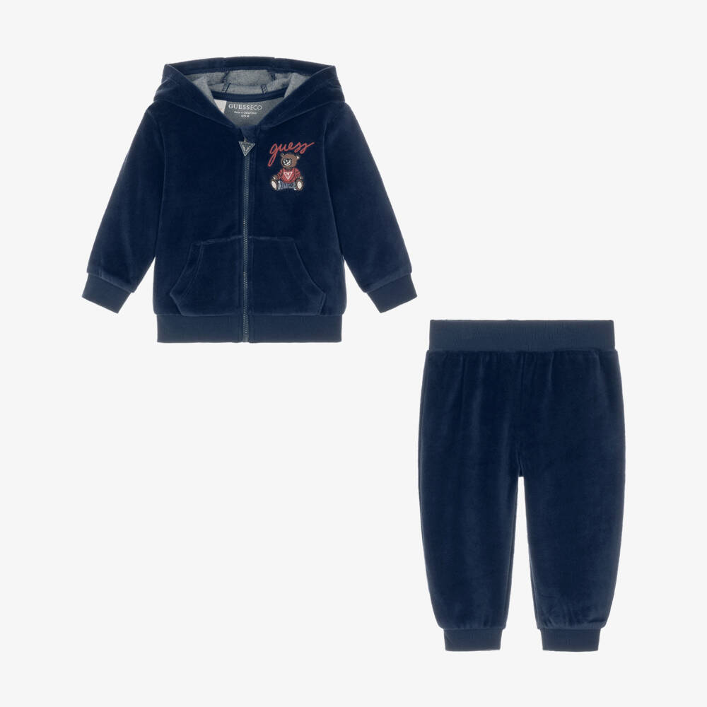 Guess-Baby Boys Navy Blue Velour Tracksuit with Teddy Logo | Childrensalon
