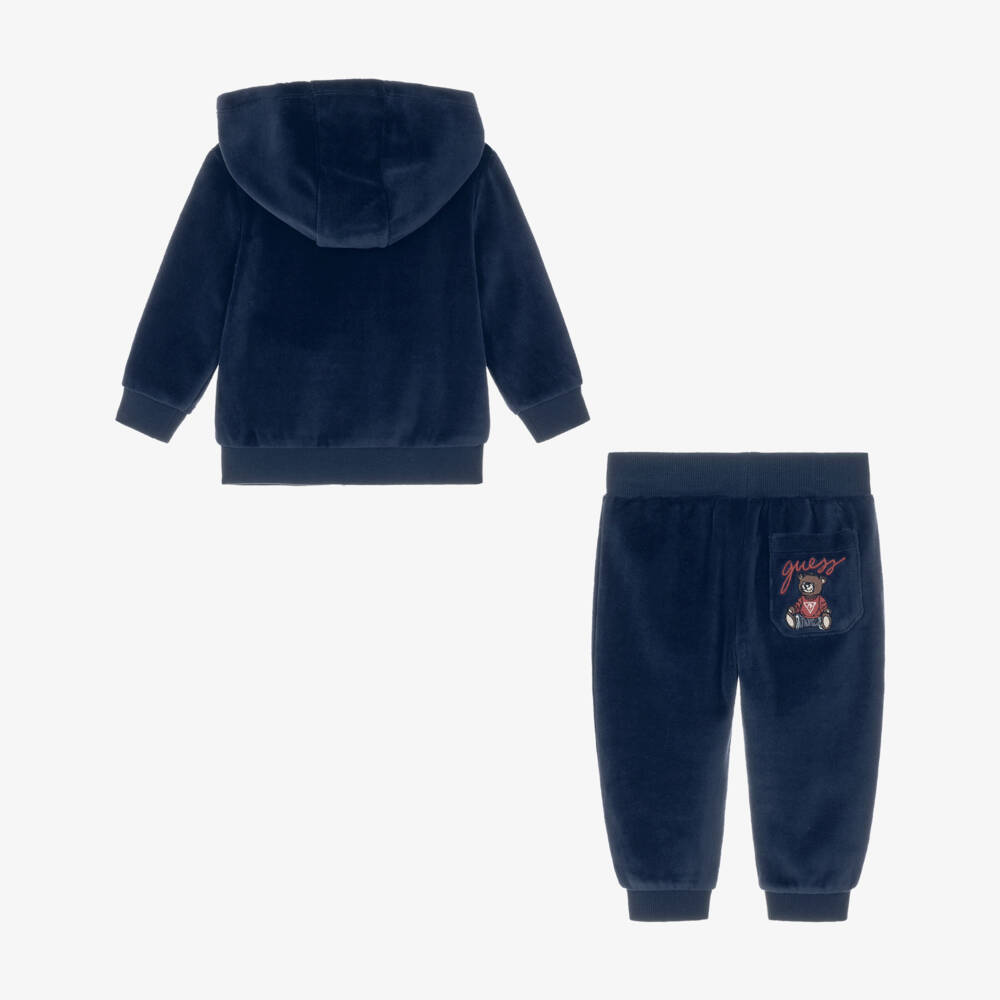 Guess-Baby Boys Navy Blue Velour Tracksuit with Teddy Logo | Childrensalon